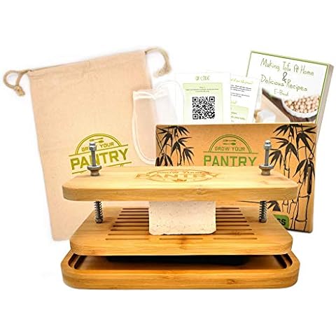 Tofu Press By Grow Your Pantry - Bamboo Wooden Design with a Stainless Steel Screw System - Bonus Tote Bag for Storage and Ebook Guide Cover
