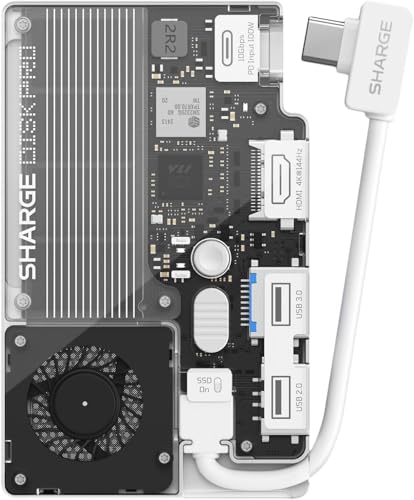 sharge Disk Pro 1TB SSD Portátil con Refrigeración Activa, Hub 4 Puertos HDMI 2.1, Cable USB C 10 Gbps, SSD Externa Magnética para MacBook, PC, PS5, Steam Deck y más