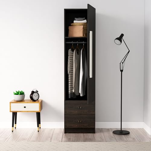 Image of Bniture Wooden Almirah for Clothes, Door for Bedroom, 1 Door Wardrobe with 2 Drawer & Hanging Space 3 Years Warranty (Flower Wenge)