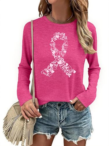 Breast Cancer Shirts for Women Breast Cancer Awareness T-Shirt Pink Ribbon Long Sleeve Tee Tops