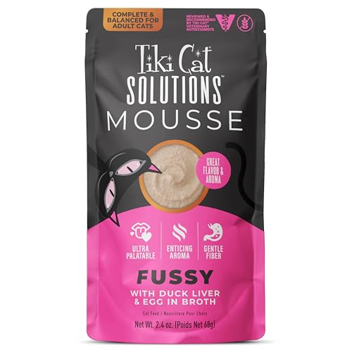 Tiki Cat Solutions Fussy Mousse, Duck Liver & Egg, Specially Formulated to Support Healthy Digestion, Functional Wet Cat for Adult Cats, 2.4 oz. Pouch (12 Count)