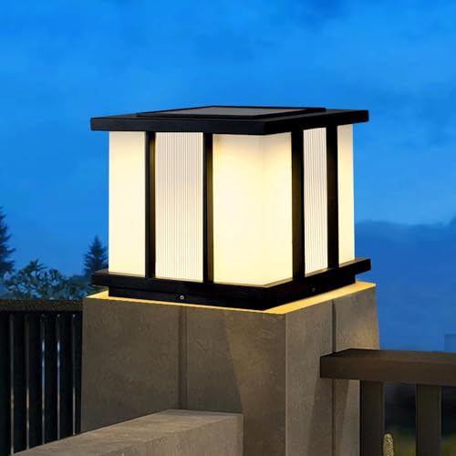 HZWJIA Solar Pillar Lamp Stainless Steel Outdoor Deck Fence Post Cap Light IP65 Waterproof Pillar Head Lamp Gray Outdoor Waterproof Solar Pillar Lamp for Patio Landscape Post Light Side Length 13.7in