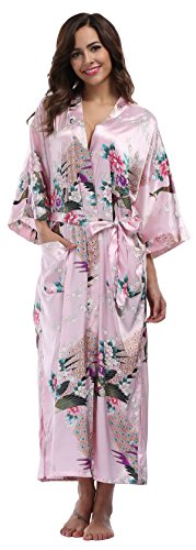 Vogue Bridal Women's Long Silk Kimono Robe Satin Bathrobe Nightwear Lightweight- Peacock