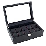 Caddy Bay Collection Black Carbon Fiber Pattern Watch Box Display Storage Case with Glass Top, Red Stitching Perforated Soft Pillows Holds 10 Watches - Red Stitching