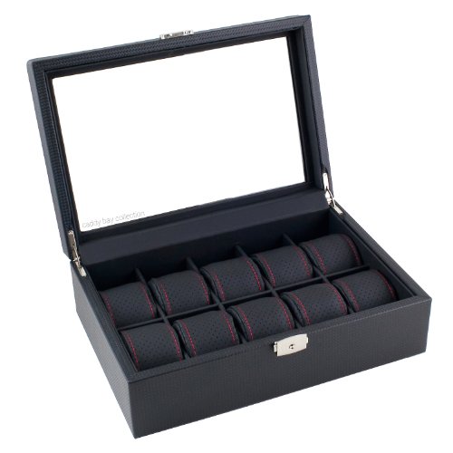 Caddy Bay Collection Black Carbon Fiber Pattern Watch Box Display Storage Case with Glass Top, Red Stitch Perforated Soft Pillows Holds 10 Watches - Red Stitching
