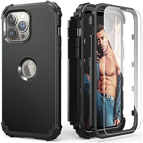 IDweel for iPhone 14 Pro Max Case with Tempered Glass Screen Protector, 3 in 1 Shockproof Slim Hybrid Heavy Duty Hard PC Cover Soft Silicone Bumper Full Body Case,Black Cover