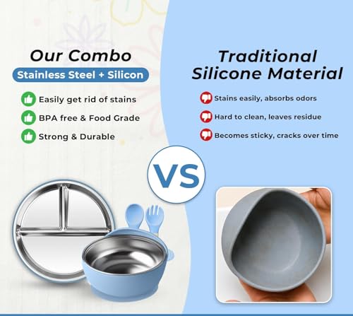 Image of NYALA Stainless Steel Toddler Plates Silicone Suction, Non-Slip Baby Plates BPA Free,Unbreakable Dishwasher Safe (Blue, Plate + Bowl)