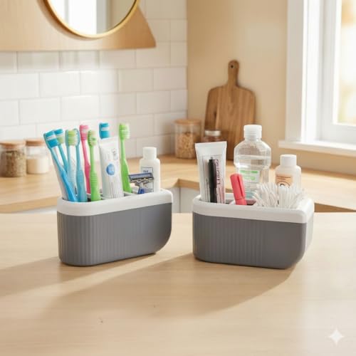 Image of HAPPI Self-Adhesive Wall-Mount Toothbrush Holder for Bathroom, Toothpaste Stand Storage Organizer Box (4-Compartments)