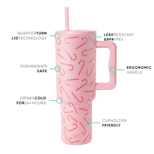 Image of Simple Modern 40 oz Trek Tumbler with Handle and Straw Lid | Cup Holder Friendly Insulated Stainless Steel Travel Mug | Pink Candy Cane Toss (Pack of 12)