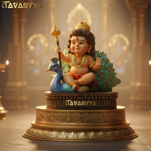 Image of Lord Murugan Idol | Bal Kartikeya /Skanda /Subrahmanya Swamy Statue with Peacock | for Mandir, Car Dashboard, Home Temple, Office Desk & Home Decor | Spiritual Gifting & Housewarming