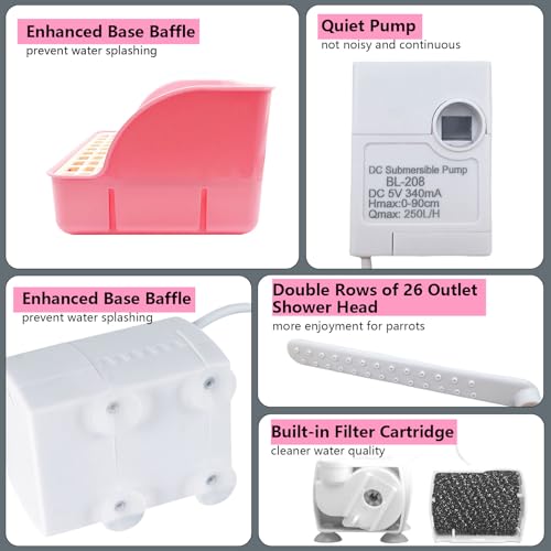 Image of kathson Parrot Bathtub, Automatic Bird Bath Indoor,Parakeet Shower Fountain,Parrot Bath Tub for Pet Birds, Cockatiel, Conure, Budgie, Lovebird, African Grey, Finches (Pink)