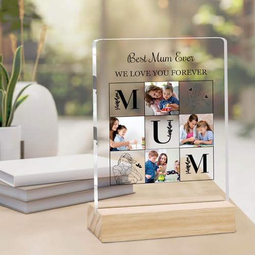 Image of Giftplease Customized Photo And Text Frame With Wooden Stand | Personalised Printed Photo Frame | Gift For Mom | Birthday | Mother's Day | Anniversary (Transparent, 5MM, 6 * 8 Inches), Tabletop