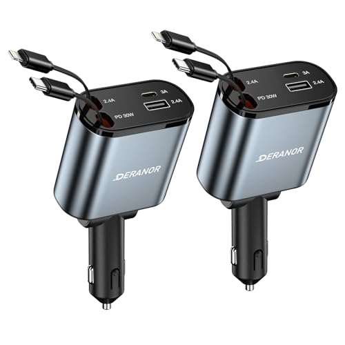 [2 Pack] Retractable Car Charger 4 in 1 Fast Car Phone Charger 69W, Type C Car Charger Adapter with 2X Retractable Phone Charger Cables and 2X USB Ports for i Phone 16/15/14/13/12, for Samsung S24/S23