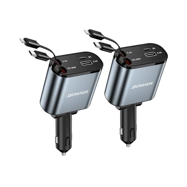 [2 Pack] Retractable Car Charger 4 in 1 Fast Car Phone Charger 69W, Type C Car Charger Adapter with 2X Retractable Phone Charger Cables and 2X USB Ports for i Phone 16/15/14/13/12, for Samsung S24/S23
