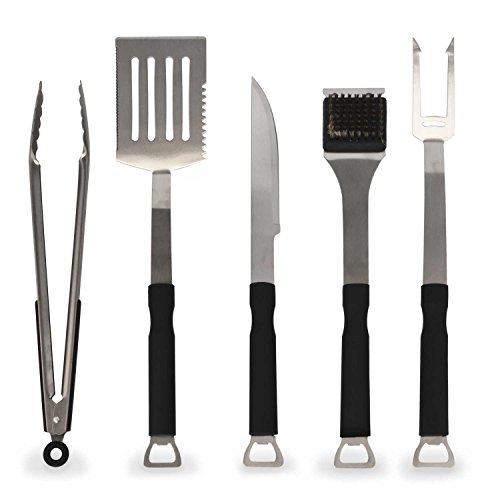 Flamen 5-Piece Heavy Duty Stainless Steel BBQ Grill Tools Set with Non-Slip Handles Best Grilling Utensils Includes Spatula Barbecue Fork Tongs Premium Barbecue Grilling Accessories
