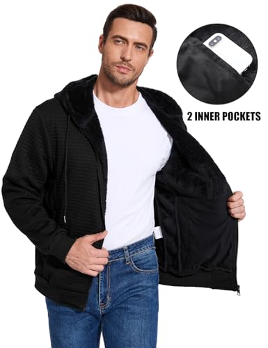 Flygo Mens Fleece Hoodie Jacket Jacquard PlaidCloth Zipper Sherpa Lined Sweatshirt Jackets Winter Warm Coat3