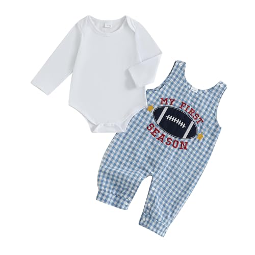Image of DSOKUHIB Newborn Baby Boy Football Outfit Long Sleeve Romper Football Embroidered Plaid Overall Pants 2Pcs Fall Clothes Set