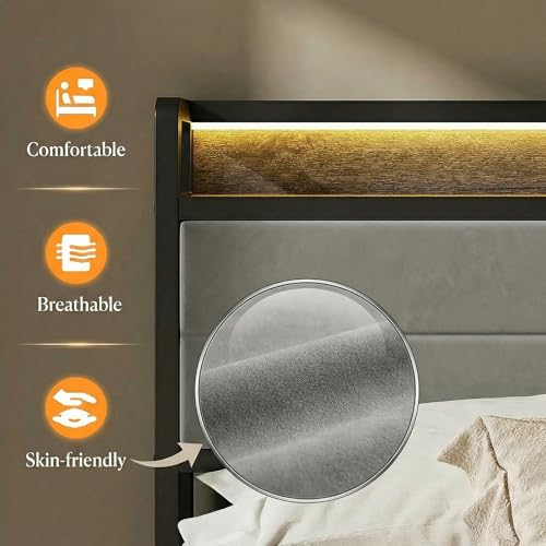 Image of LIKIMIO King Size Bed Frame, Storage Headboard with LED Lights and Charging Station, Metal Platform Bed No Box Spring Needed, Noise Free, Under Bed Storage, Charcoal Gray