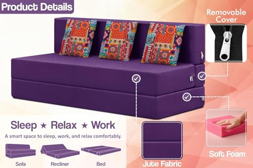 Image of Rosebell Three Seater Foldable Sofa Cum Bed (5x6 Feet) Jute Fabric, Washable Removable Cover, | Space Saving Convertible Sofa Bed for Home, Office & Guests - Purple