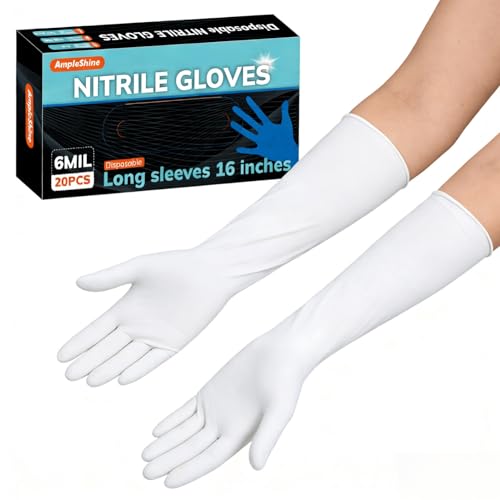 AmpleShine 6MIL 16inch Long Nitrile Disposable Gloves Powder-Free Durable Heavy Duty Waterproof White Large for Household Cleaning (20 white M)