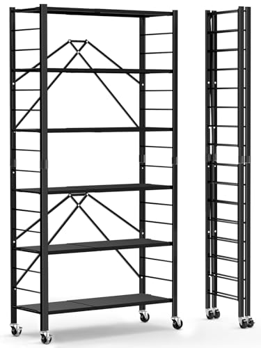 Image of Himix 6-Tier Foldable Storage Shelves with Wheels Adjustable Kitchen Black | Folding shelving units, Metal collapsible organization, Metal shelf, Changeable into 2 shelf units, Garage