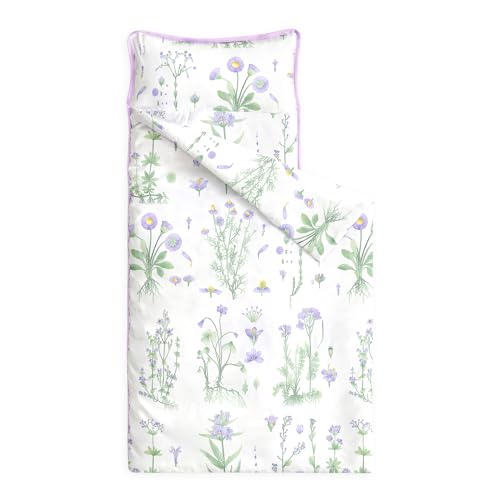 Image of Wake In Cloud - Toddler Nap Mat with Pillow and Blanket, 100% Cotton Fabric, for Kids Girls Ages 3 Plus in Daycare Kindergarten Preschool, Sleeping Bag, Botanical Flowers
