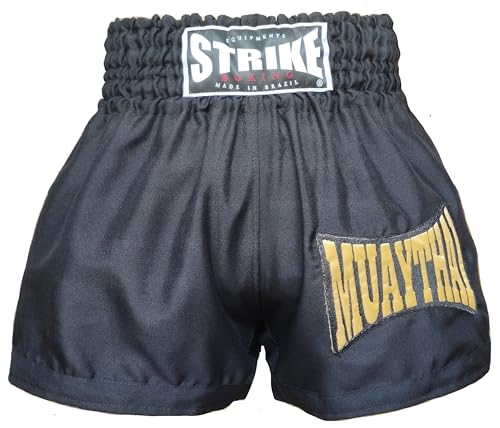 Shorts Muay Thai Strike Boxing Bermuda Calção Modelo Tailandês Bordado (preto bordado, M)