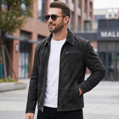 Image of Men's Suede Shirt Zipper Jacket Full Zip Casual Vintage Jackets Suede Leather Jackets for Mens