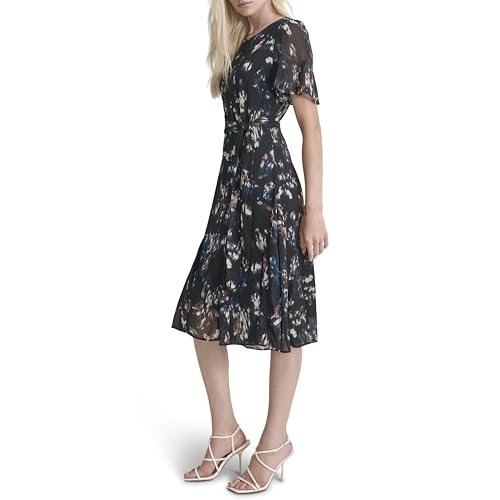 Image of DKNY Women's Flutter Sleeve Round Neck Waist Tie Midi Dress