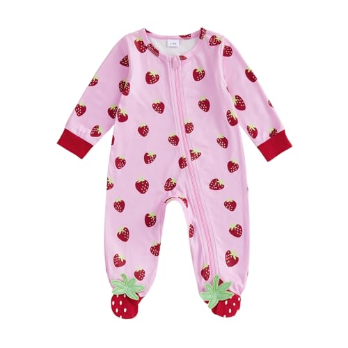 Image of Seyurigaoka Newborn Baby Girl Clothes Preemie Going Home Outfit Strawberry Romper Footed Zipper Jumpsuit Infant Clothes 0-18M