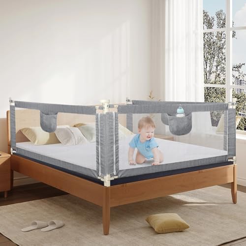 Supfine Barrera de cama para niños, altura ajustable de 70 a 99 cm, protección anticaída cama de acero al carbono, tejido de malla transpirable, barandilla de cama contra caídas (1,8 m + 2 m + 2 m)