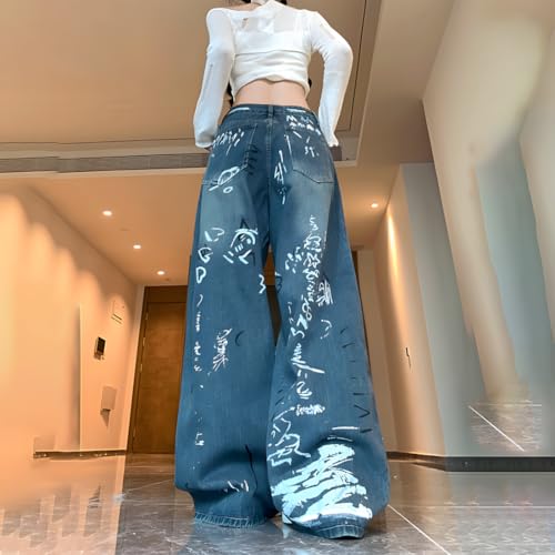 Y2K Gothic Vintage Grunge Casual Style High Waist Straight Wide Leg Doodle Print Denim Pants for Women4