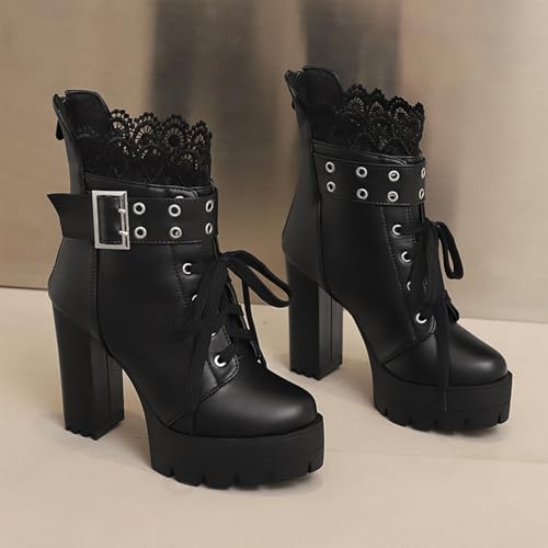 Image of MEOTINA Goth Platform Boots Combat Boots Chunky Heel Ankle Booties for Women Punk Buckle Gothic Boot with Zipper Lace Up Dress Shoes Black /White