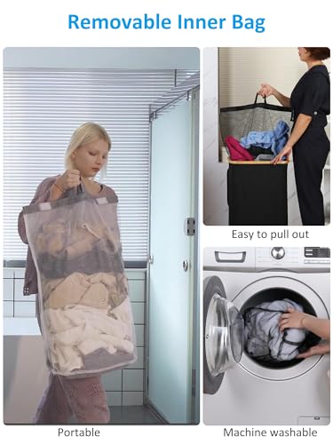 Image of efluky Laundry Basket with Wheels, Tall Rolling Laundry Hamper with Lid and Removable Bag, Aesthetic Dirty Clothes Hamper on Wheels for Laundry Room, Bedroom, Dorm and Bathroom, 100L Black