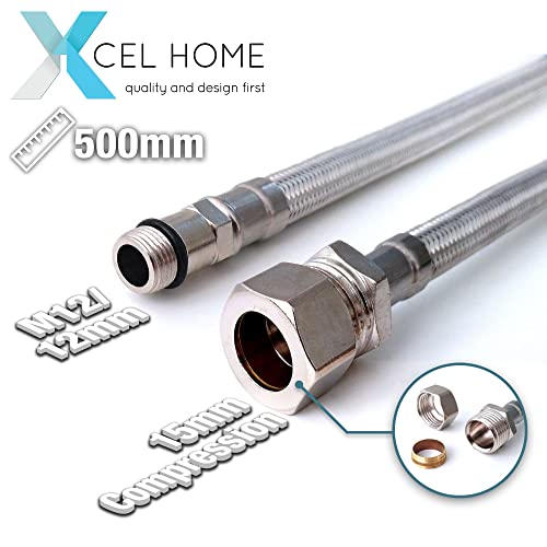 Xcel Home FPM12-COMP-500(X1) FPM1215500COM 2 x 500 mm M12 x 15 mm Kompressions-Monoblock-Wasserhahn-Anschlüsse, Flexibles Rohr, Silber
