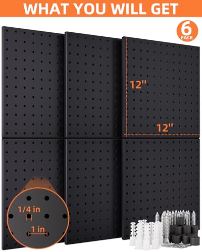 INCLY 6 Pack 12"x12" Black Metal Pegboard Panels, Heavy Duty Pegboard Wall Organizer with Frame, Black Peg Board for Walls, Garage, Workbench, Shed, Kitchen, Craft Room Tool Organization - Image 3