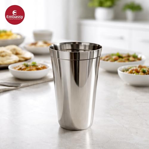 Image of EMBASSY Stainless Steel Plain Lassi Glass | Pack of 6 | 700 ml per Glass | Ideal Glass for Lassi, Smoothies, Juices, Shakes, Water, Milk and Other Beverages.