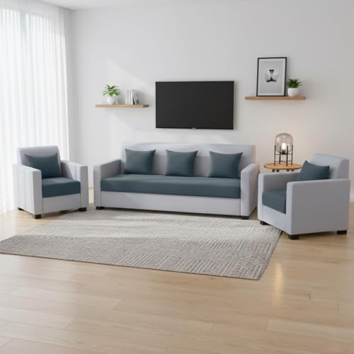 Image of FURNY Lexon 5 Seater Fabric 3+1+1 Sofa Set (Dark Grey-Light Grey) Premium Velvet Finish | Durable & Comfortable | Ideal for Living Room, Office