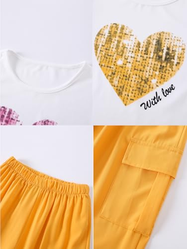 Image of Girls 4 Pieces Outfits Short Sleeve Printed Tee Tops and Pants Set 4-12Y
