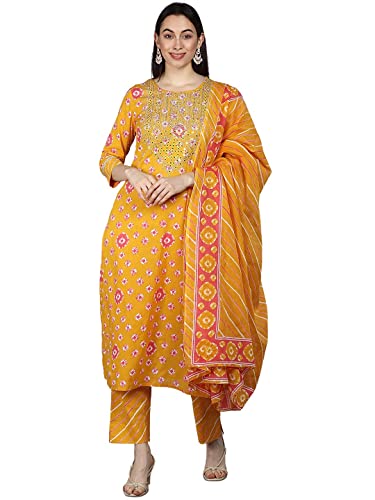 Image of Vaamsi Women's Pure Cotton Bandhani Printed Straight Kurta Set with Dupatta