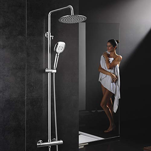 Rainsworth Columna de Ducha, Sistema de ducha con termostato Alcachofa Ducha Lluvia y 3 Tipos Ducha de Mano y Barra Altura Ajustable, acabado cromado