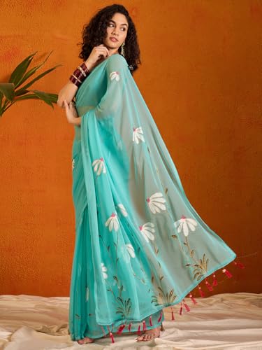 Image of SAREE MALL Women's Chiffon Daisy Floral hand paint Tassel Pallu Lightweight Summer Saree