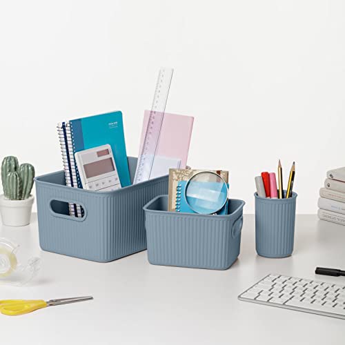 Image of Decorative Plastic Basket Open Home Storage Bins Organizer Baskets, Blue (Set of 3) 1 Medium, 2 Small - Container Boxes for Organizing Closet Storage Bins for Shelves Drawer Shelf - Ribbed Collection