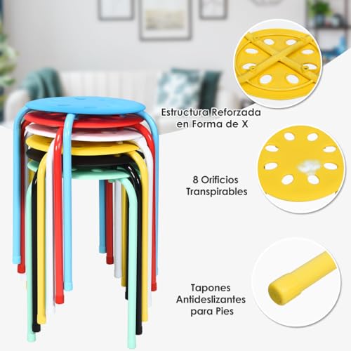 GOPLUS Juego de 6 Taburetes Apilables de Metal, Taburetes Redondons sin Respaldo con Asiento Plástico, Conjunto de Taburetes Portátile para Cocina Comedor Escuela Oficina, 37×37×44 cm (Multicolor) - imagen 7