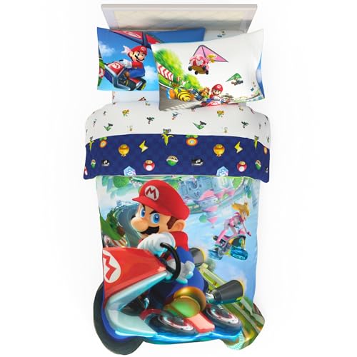 Super Mario Kart Game - Juego de Ropa de Cama para niños, tamaño Individual, 4 Piezas, edredón Reversible súper Suave y Acogedor (Producto con Licencia Oficial) Franco