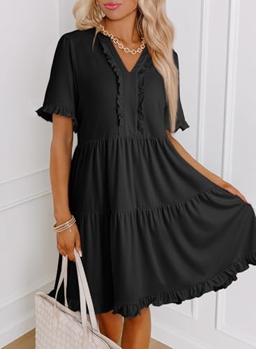 Image of Dokotoo Womens Summer Dresses 2026 V Neck A Line Short Sleeve Casual Ruffle Babydoll Mini Dress