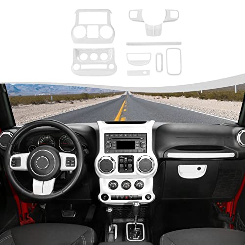 SQQP 10PCS Full Set Interior Trim Kit for 2011-2018 Jeep Wrangler JK JKU,Center Console Steering Wheel Trim, Dashboard Conditioning Switch Co-Pilot Handle Armrest Box Gear Shift Cover Trim(White)