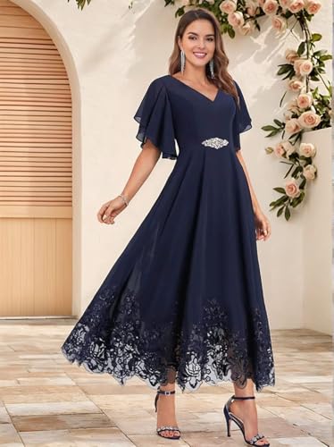 Tea Length Mother of The Bride Dresses for Wedding Lace Beaded Formal Evening Dress with Sleeves3