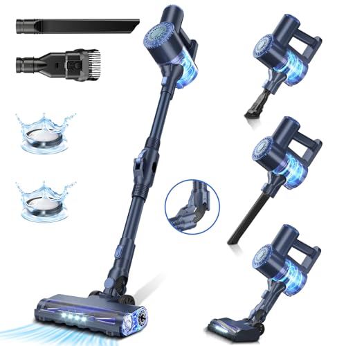 PRETTYCARELIFE Cordless Vacuum Cleaner, 6 in 1 Lightweight Stick Vacuum Self-Standing with Powerful Suction, 180° Bendable Wand Rechargeable Cordless Vacuum for Hardwood Floor (Blue)