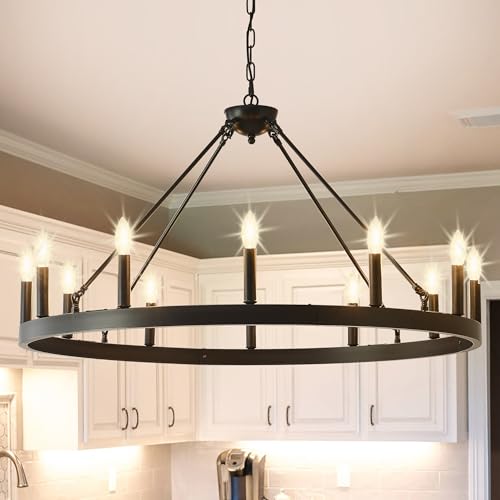Jtyp WWC-40-E12-12 Inch Black Farmhouse Wagon Wheel Chandelier,12-Light Round Industrial Pendant Light Fixtures For Outdoor Porch High Ceilings Living Dining Room Foyer Entryway cover